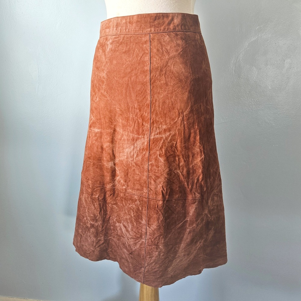 Sezane Rust Brown 100%‎ Goat Suede A-Line Midi Skirt Lined Boho Parisian Chic S